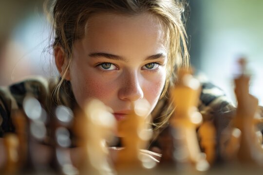 Young woman with intense focused eyes contemplating her next strategic move while playing a challenging game surrounded by blurred chess pieces in soft natural light