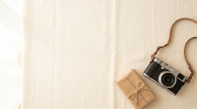 Retro camera and a gift box with twine on a light textured surface