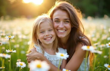 Fototapeta premium Happy mother and daughter smile in daisy field at sunset. Woman hugs child among wildflowers. Family enjoys summer day, golden hour sunlight on meadow.
