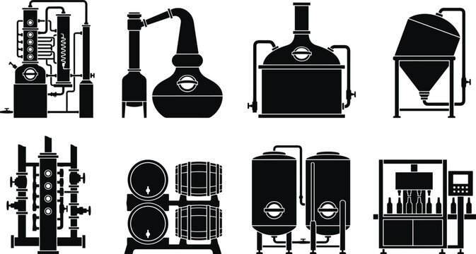 Brewery and distillery industrial equipment black silhouette vector icons set for alcohol production