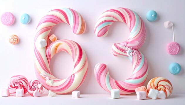 Colorful candy decorations form the numbers 30 on a white surface with sweets.
