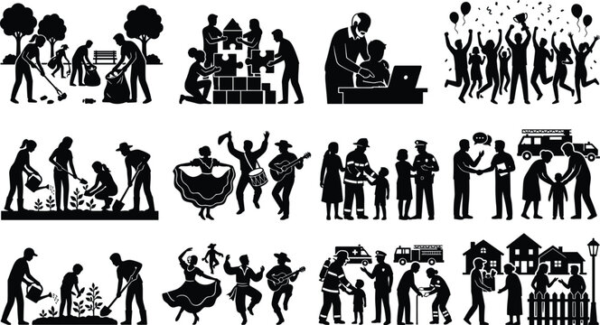 Community Service Volunteering and Neighborhood Cooperation Icon Set with Social Support and Culture Silhouettes
