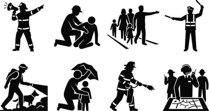 Emergency Response and Rescue Team Pictograms Set with Firefighter Police First Aid and Disaster Relief Silhouettes
