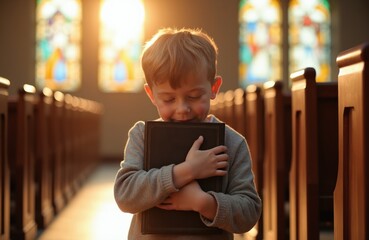 Obraz premium Young boy hugs bible in church pew aisle. Sunlight streams through stained glass windows. Child clutches holy book with closed eyes in prayer or reflection, feeling faith.