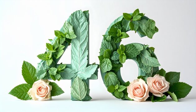 Decorative green numbers forty-six made of leaves and flowers on white background