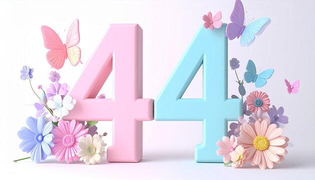 Colorful flowers and butterflies decorate large 44 numbers
