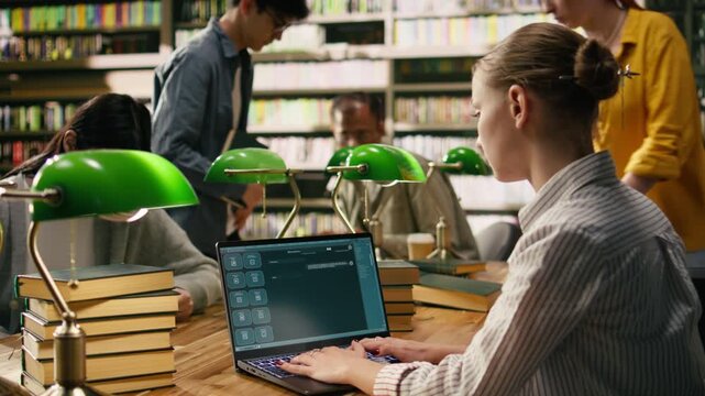 Student using AI study assistant interface on laptop during group study session in library, showcasing modern education with generative AI tools, learning scene with classmates at table.