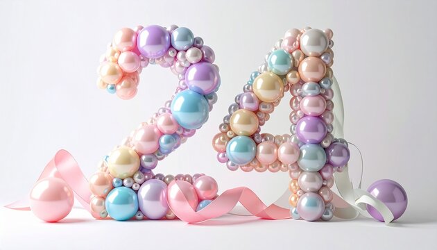 Colorful balloons form numbers on a white surface with pink ribbon