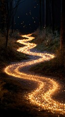 Obraz premium Magical glowing winding trail illuminating a dark forest path with sparkling golden lights creating an enchanting and mystical nighttime atmosphere