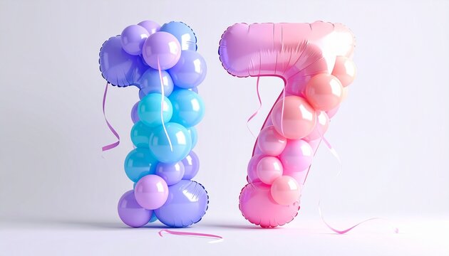 Colorful balloons shaped like numbers seven and one on white background