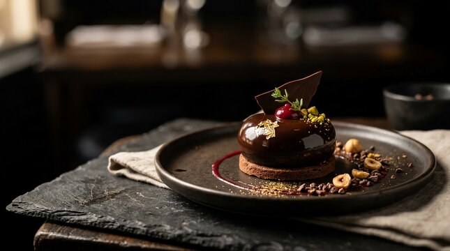 Gourmet chocolate mousse cake with gold leaf and cherry