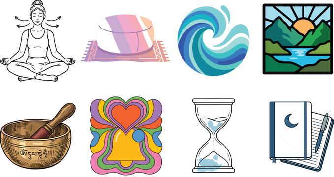 Vector illustrations of mindfulness and meditation icons set featuring yoga breathing, singing bowl, and wellness concepts