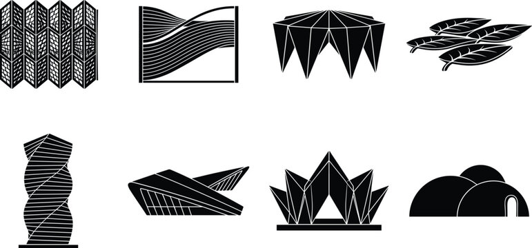 Vector silhouettes set of modern parametric architecture, futuristic building structures, and biophilic design concepts
