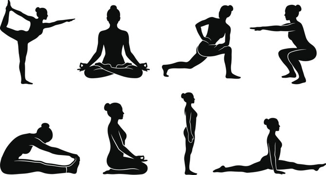 Yoga Poses and Pilates Exercise Silhouettes Set of Female Figures Practicing Fitness and Wellness Routines