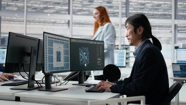 Diverse men assessing substrates quality using AI LLM, senior manager and worker studying silicon wafer helped by AI assistant, for semiconductor research, for microchip development.