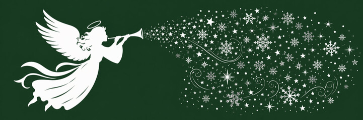 Obraz premium Silhouette of an angel with trumpet blowing snowflakes and stars