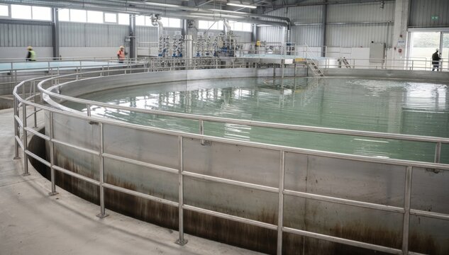 Medium shot capturing sedimentation tanks in a fiber production facility where solids settle to enable water reuse demonstrating sustainable closedloop recycling.