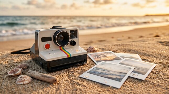 travel memories, a polaroid camera rests on warm sand, capturing vacation memories in a vibrant summer atmosphere