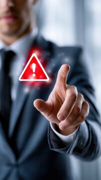 Businessman wearing suit pointing at futuristic glowing red warning sign symbolizing alert and attention in a modern office environment background