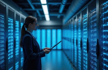 Fototapeta premium Woman in suit works on tablet in modern server room with rows of glowing blue computers. IT pro checks data center equipment. Future tech facility, digital information storage.