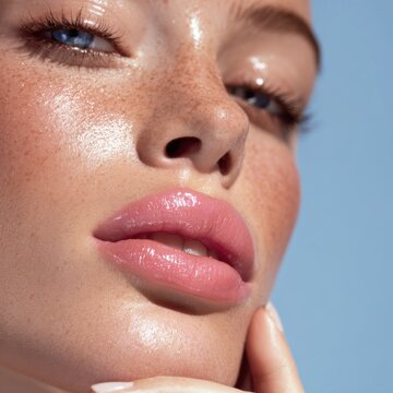 Glossy pink lips with radiant glowing skin texture and soft freckles on a woman?s face against a smooth, pastel blue background for beauty concept