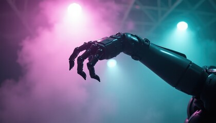 Fototapeta premium Mechanical robot arm extends from darkness into pink and blue glowing fog. Futuristic technology, artificial intelligence, future automation concept. Cybernetic hand reaches out.