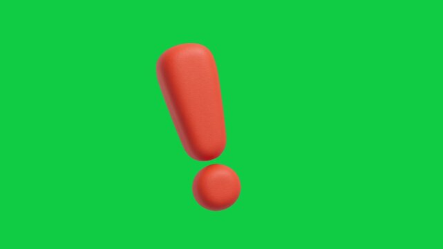 Floating Red Exclamation Mark Animated Icon. Animated 3D styled glossy red exclamation mark symbol representing important alerts, danger warnings, and urgency on green screen.