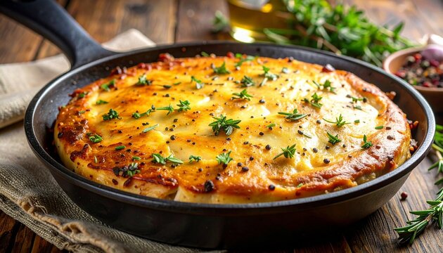 Buttery crust with herb flecks (rosemary, thyme, parsley) and cracked black pepper, tiny streaks of pan jus shining in the crevices