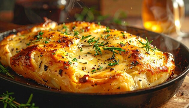 Buttery crust with herb flecks (rosemary, thyme, parsley) and cracked black pepper, tiny streaks of pan jus shining in the crevices