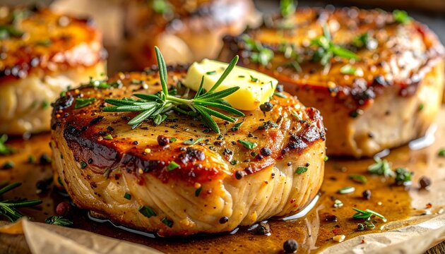 Buttery crust with herb flecks (rosemary, thyme, parsley) and cracked black pepper, tiny streaks of pan jus shining in the crevices