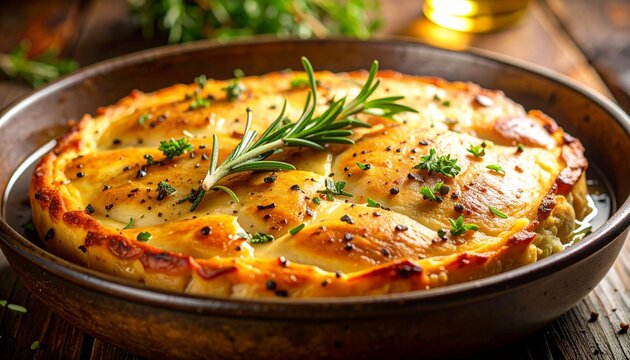 Buttery crust with herb flecks (rosemary, thyme, parsley) and cracked black pepper, tiny streaks of pan jus shining in the crevices