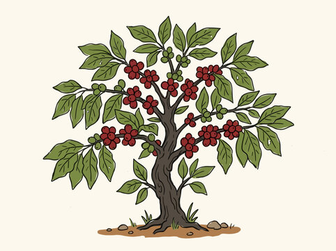Illustration of a coffee tree with red berries, a design element for food and drink branding