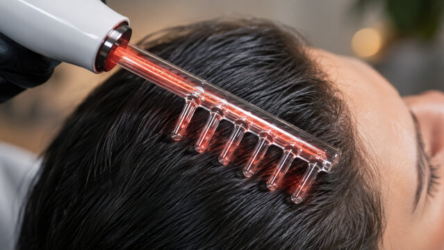 Professional darsonvalization hair therapy procedure in beauty salon room using high frequency glass electrode comb machine on young woman dark hair stimulation treatment improving scalp circulation