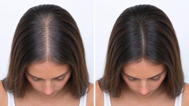 Hair restoration transformation, before and after hair thinning results, scalp health improvement comparison, hair growth treatment progress, increased hair volume, visible changes in hair density