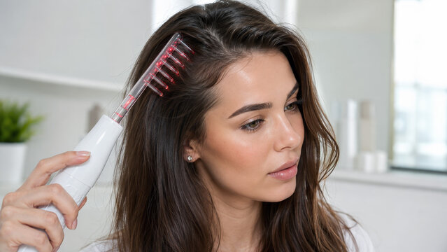 Woman using darsonval scalp comb for hair care, red light electrode device on hairline, home electrotherapy routine, scalp stimulation, cosmetic wellness treatment, closeup portrait indoors