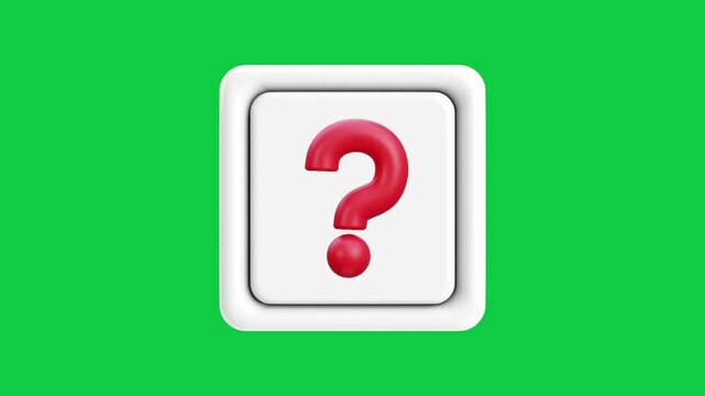 Red Question Mark Square Button Animated Icon. Animated 3D styled white square button with a red question mark for help, support, quiz, and FAQ concept.