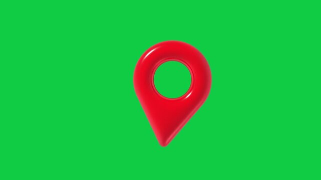 Red Map Pin Location Animated Icon. Animated 3D styled glossy red map pin pointer icon representing location tracking, destination navigation, and address on green screen.