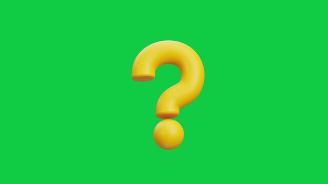 Yellow Question Mark Help Animated Icon. Animated 3D styled glossy yellow question mark icon representing help, support, FAQs, and quiz answers on green screen.