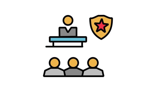Business Presentation Security Animated Icon. Animated flat line icon depicting a speaker addressing an audience next to a protective shield with a star emblem.