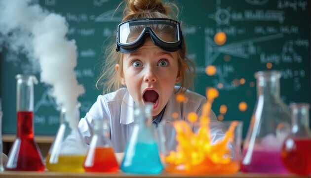 Young girl wears goggles, lab coat. She looks shocked at exploding chemical reaction in flask. Smoke rises from beaker. Science experiment fun.
