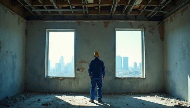 Construction worker in hard hat surveys unfinished building with city skyline visible through large windows. Bare concrete walls and debris on floor indicate a project halted or in early stages.