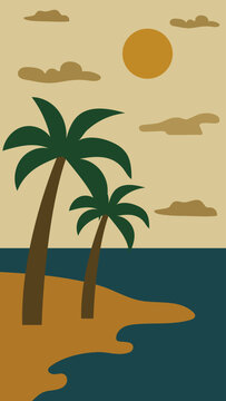 Minimalist Tropical Beach Palm Trees Ocean Sunset Landscape Vector Illustration