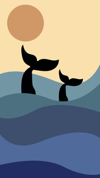 Minimalist Whale Tail Ocean Sunset Boho Vector Art Illustration