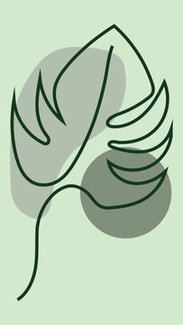 Monstera Leaf Line Art Abstract Shapes Green Minimalist Vector Illustration
