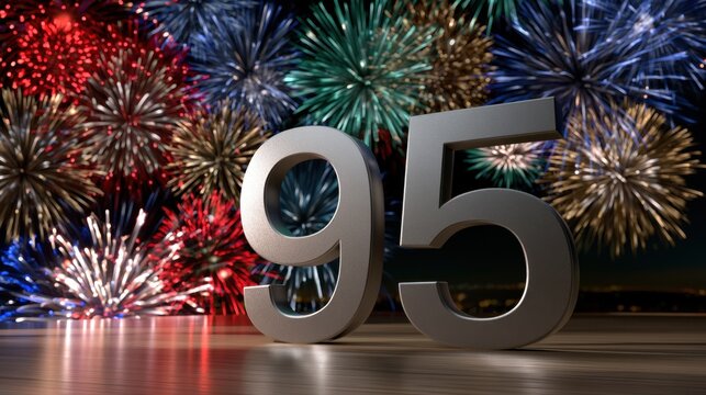 Celebration concept with metallic number ninety-five on wooden surface and vibrant colorful fireworks lighting up the night sky background in festivity display
