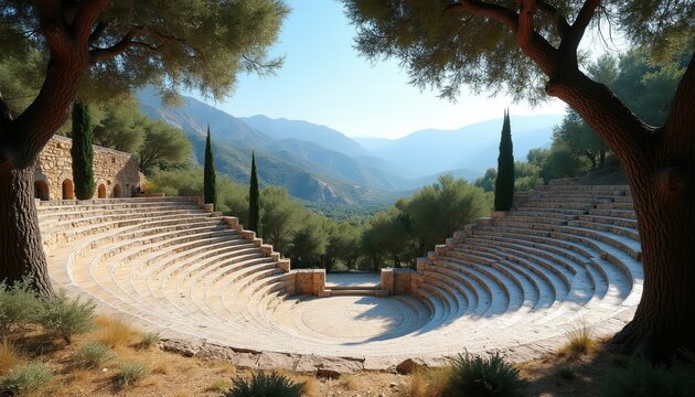 Ancient stone amphitheater sits on mountain slope below clear blue sky. Curved tiered seating surrounds circular stage. Rich green trees and rocky landscape form natural backdrop for outdoor venue.