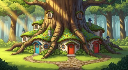 Naklejka premium Whimsical fairy homes built around large ancient tree trunk with mossy roofs and bright colorful doors in sunlit green forest. Fantasy village concept 