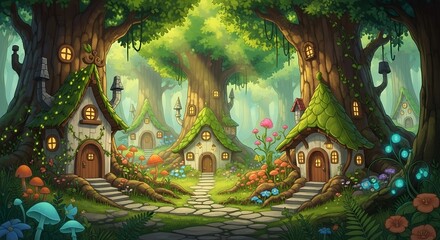 Fototapeta premium Charming moss-covered fairy cottages nestled between ancient trees with glowing mushrooms and sunbeams in magical forest. Fantasy home concept 