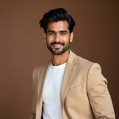 Fototapeta premium Indian man poses in beige blazer over white tee shirt against mocha background. Confident smile, stylish dark hair, groomed beard. Professional look for business or fashion.