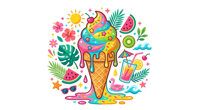Colorful summer border with melting ice cream, tropical flowers and fruit